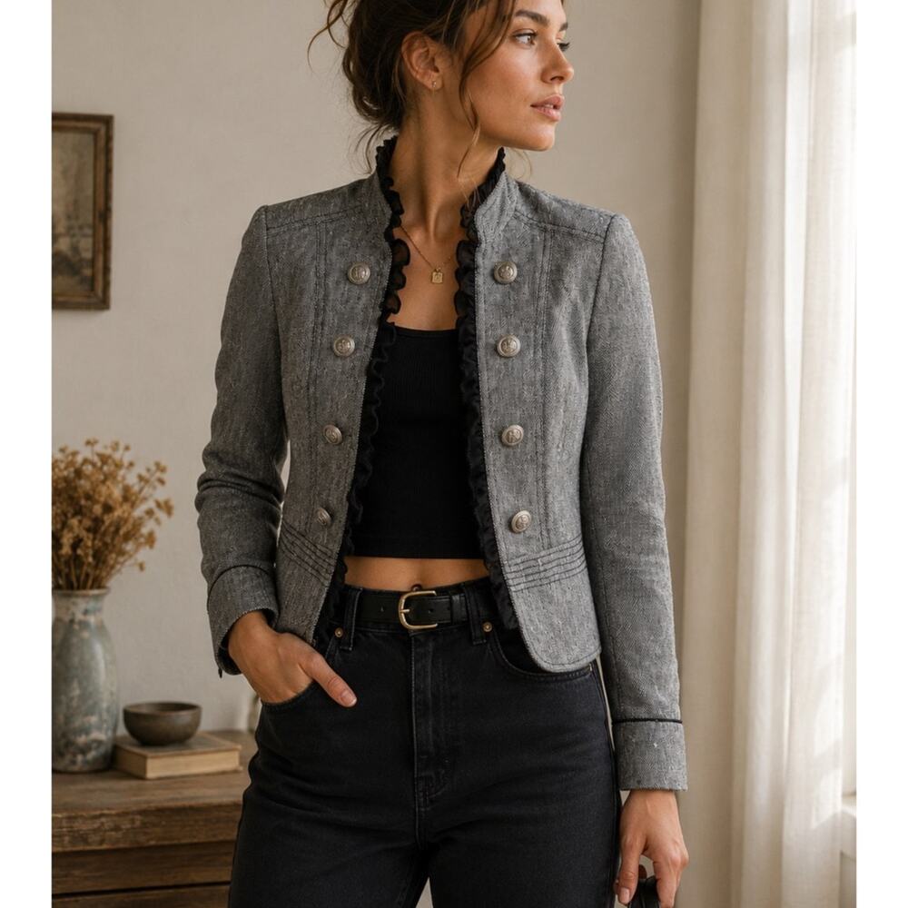 Vintage Twill Ruffle Blazer Marching Band Military Preppy Academia XS Gray y2k